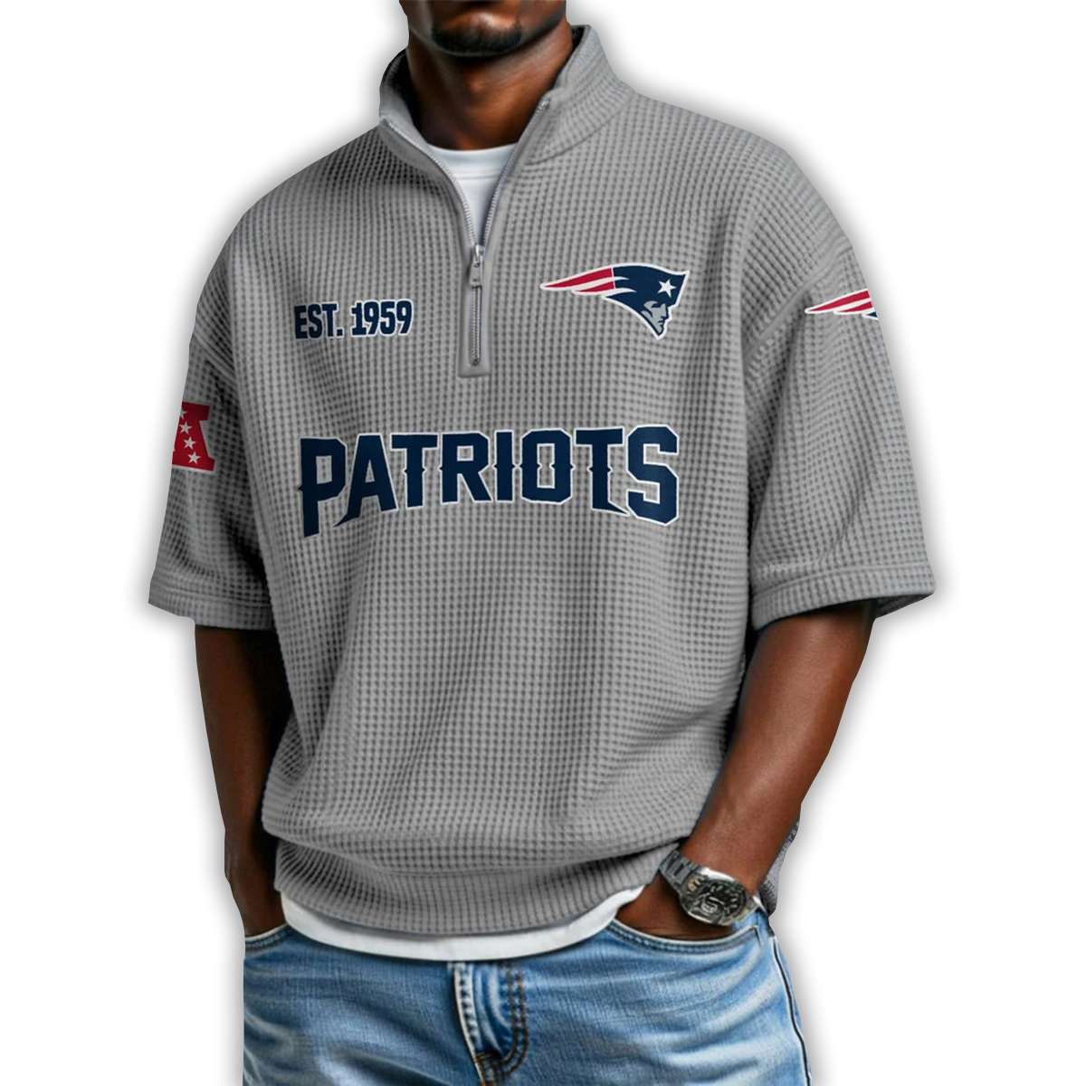 Patriots Est 1959 Waffle Stand Collar Half Zip Polo Shirt Patriots Est 1959 Waffle Stand Collar Half Zip Polo Shirt