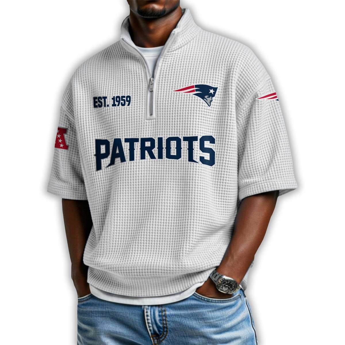 Patriots Est 1959 Waffle Stand Collar Half Zip Polo Shirt Patriots Est 1959 Waffle Stand Collar Half Zip Polo Shirt