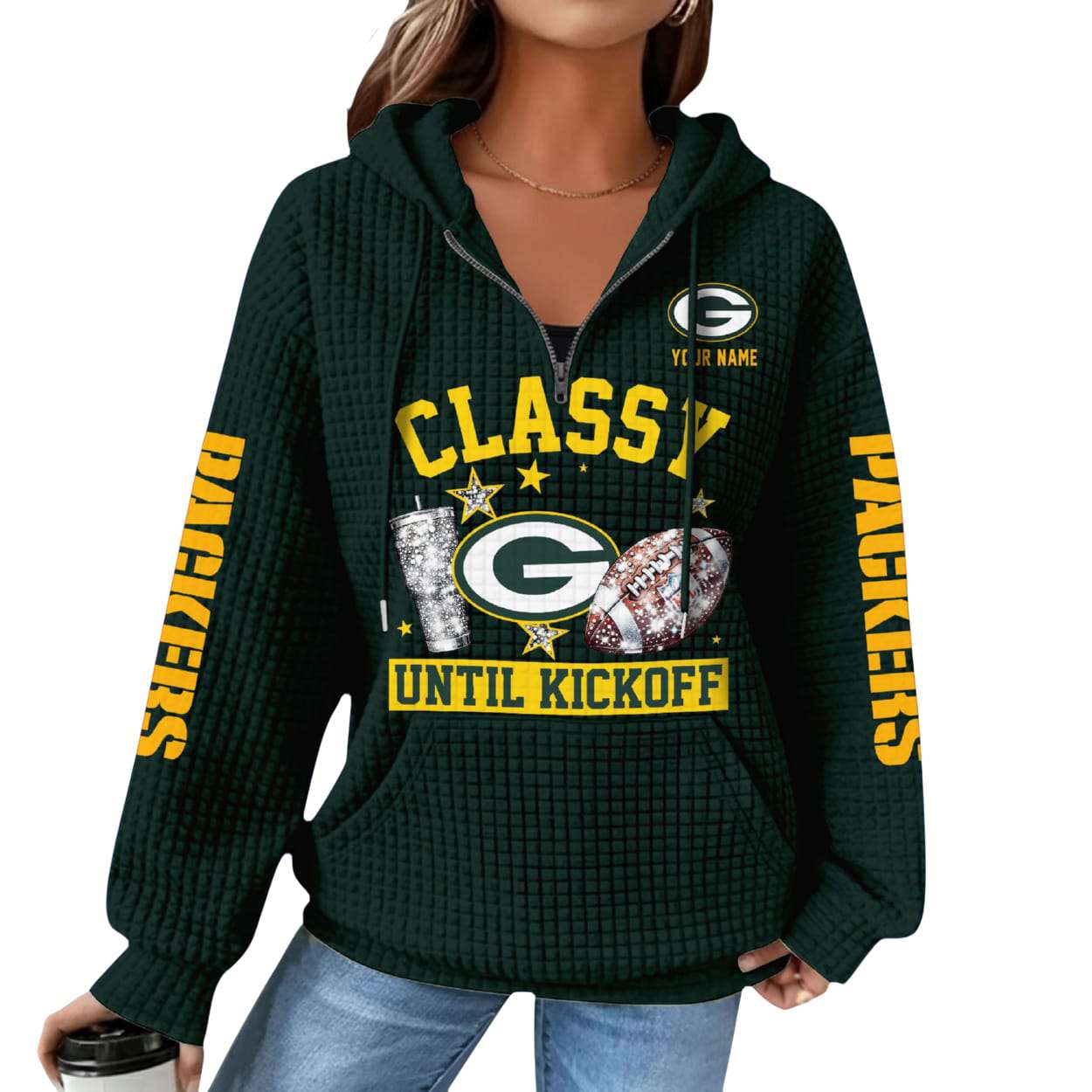 Personalized Packers Classy Until Kickoff Waffle Quarter Zip Hoodie Personalized Packers Classy Until Kickoff Waffle Quarter Zip Hoodie