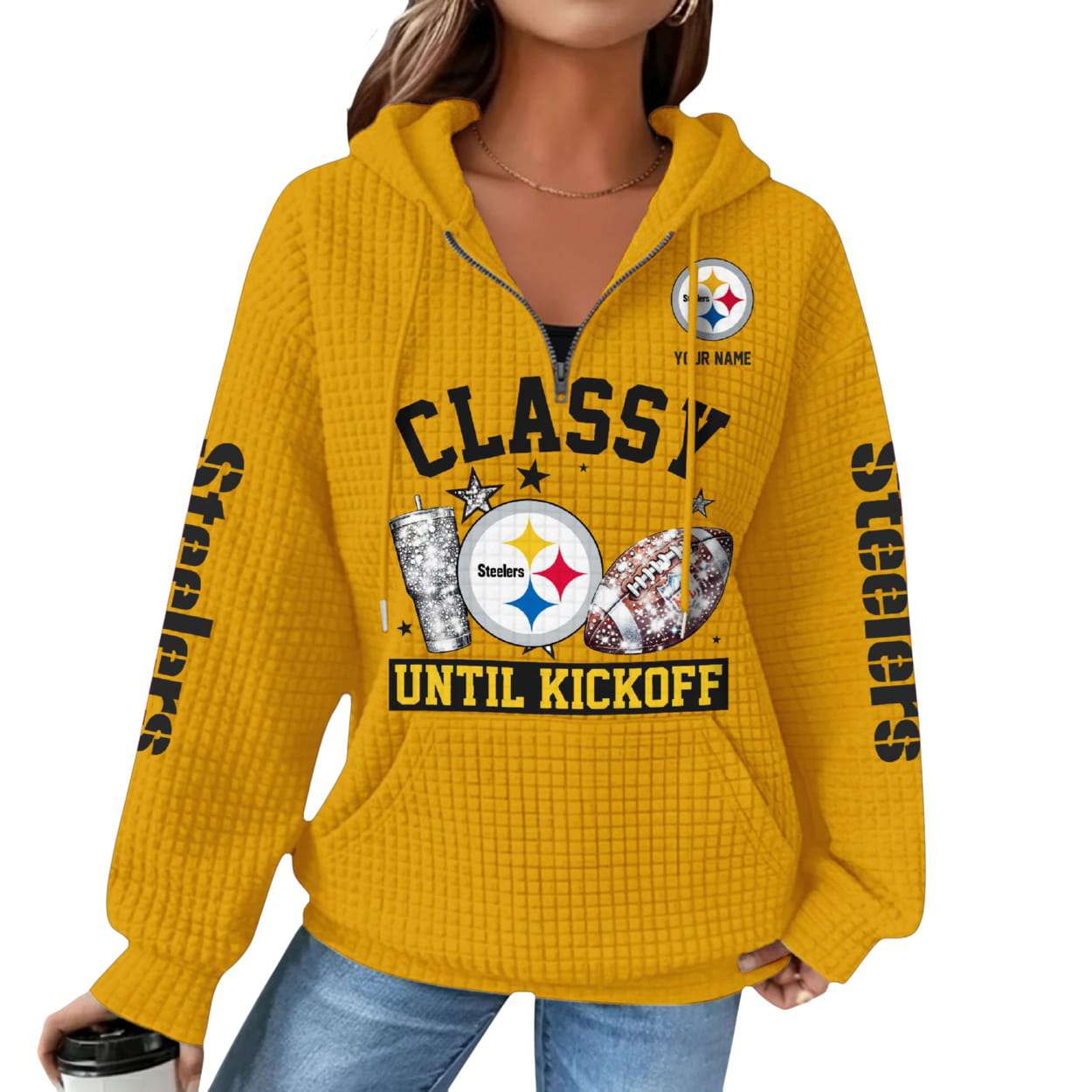 Personalized Steelers Classy Until Kickoff Waffle Quarter Zip Hoodie Personalized Steelers Classy Until Kickoff Waffle Quarter Zip Hoodie