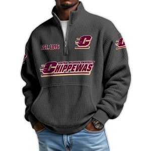 Chippewas Football Est 1896 Waffle Stand Collar Half Zip Sweatshirt1
