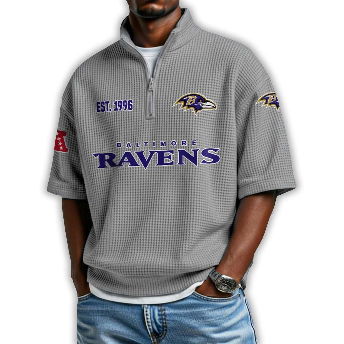 Ravens Est 1996 Waffle Stand Collar Half Zip Polo Shirt Ravens Est 1996 Waffle Stand Collar Half Zip Polo Shirt