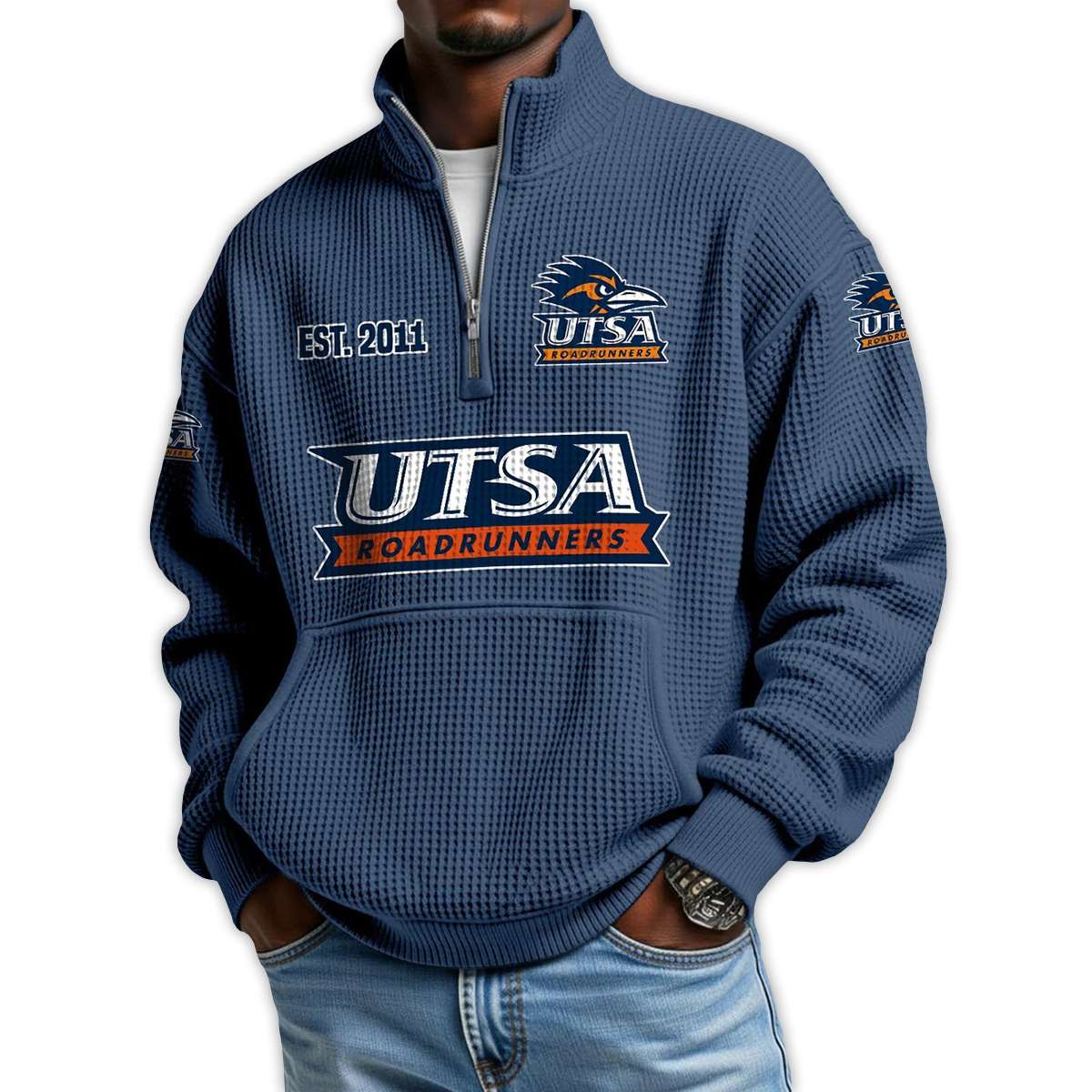 Roadrunners Football Est 2011 Waffle Stand Collar Half Zip Sweatshirt Roadrunners Football Est 2011 Waffle Stand Collar Half Zip Sweatshirt