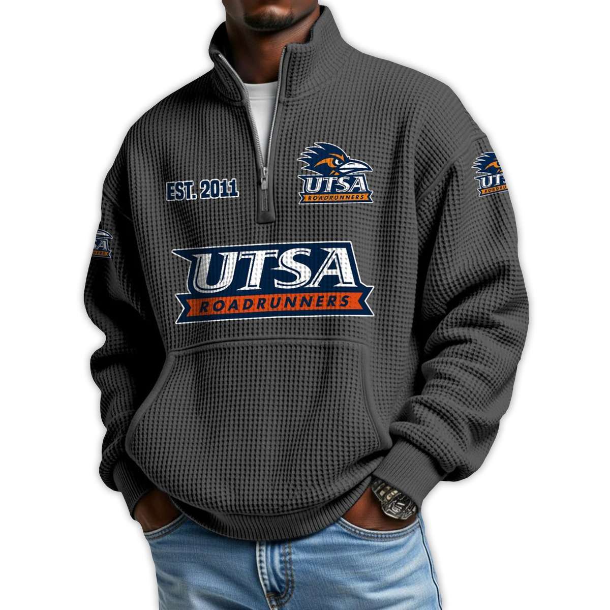 Roadrunners Football Est 2011 Waffle Stand Collar Half Zip Sweatshirt Roadrunners Football Est 2011 Waffle Stand Collar Half Zip Sweatshirt