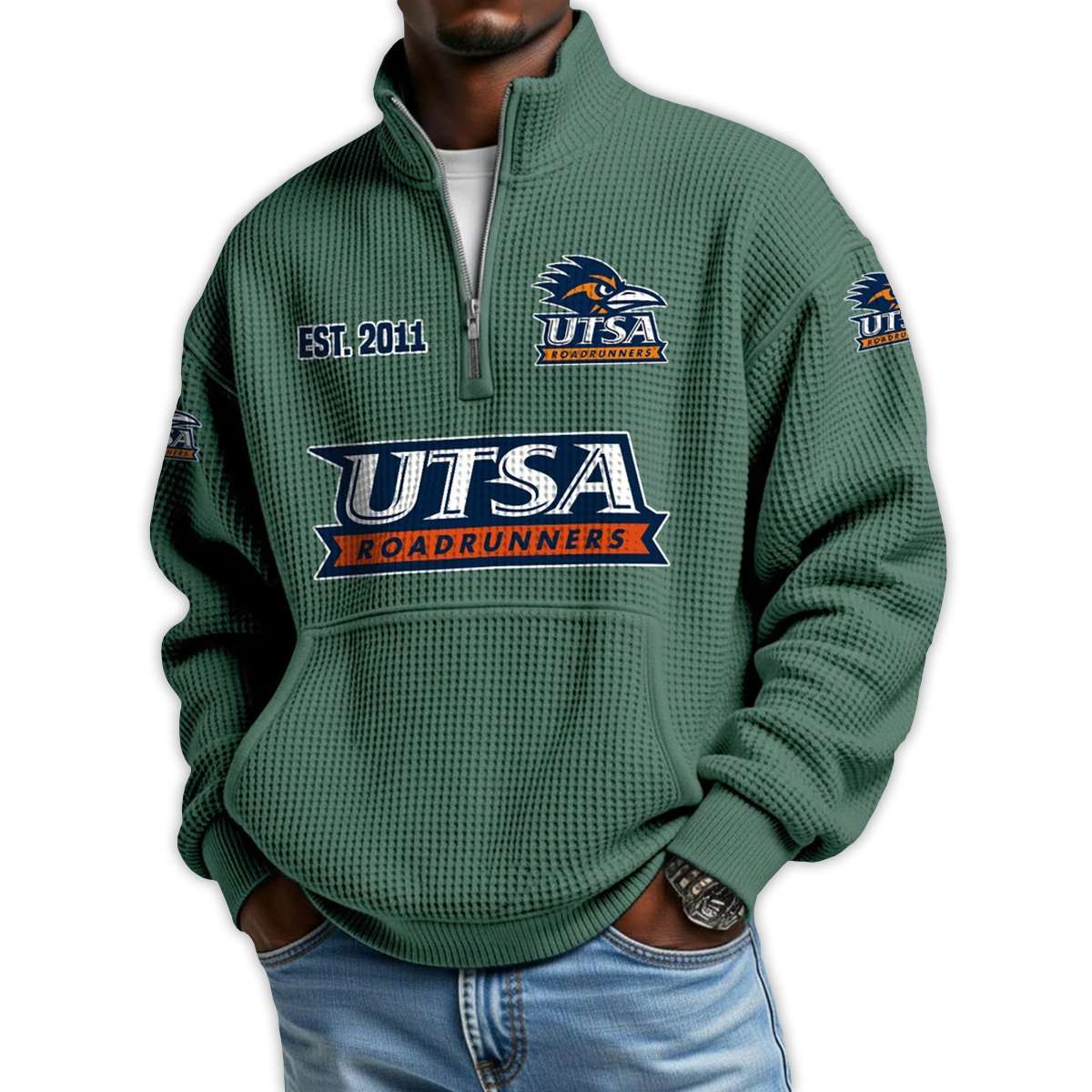 Roadrunners Football Est 2011 Waffle Stand Collar Half Zip Sweatshirt Roadrunners Football Est 2011 Waffle Stand Collar Half Zip Sweatshirt