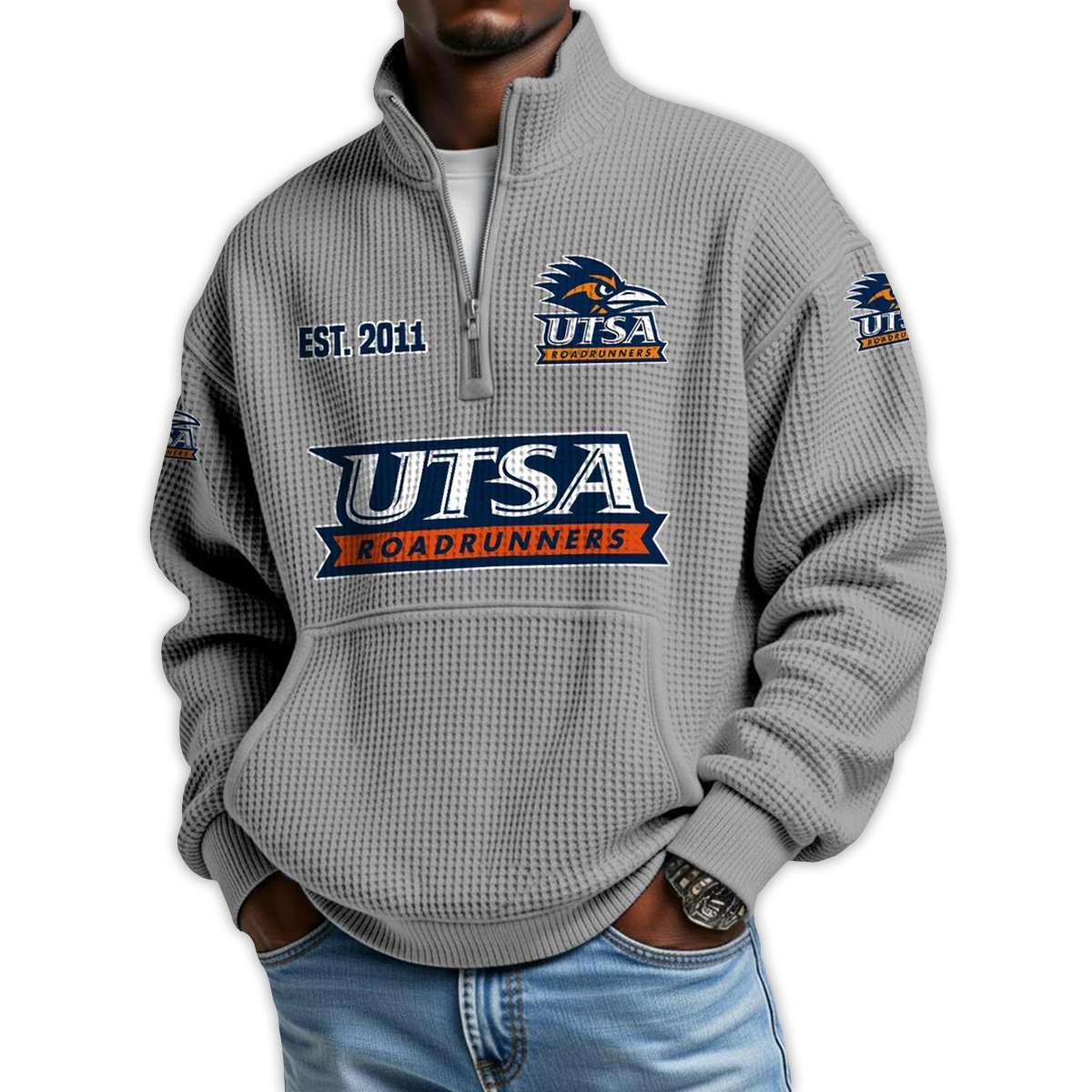 Roadrunners Football Est 2011 Waffle Stand Collar Half Zip Sweatshirt Roadrunners Football Est 2011 Waffle Stand Collar Half Zip Sweatshirt