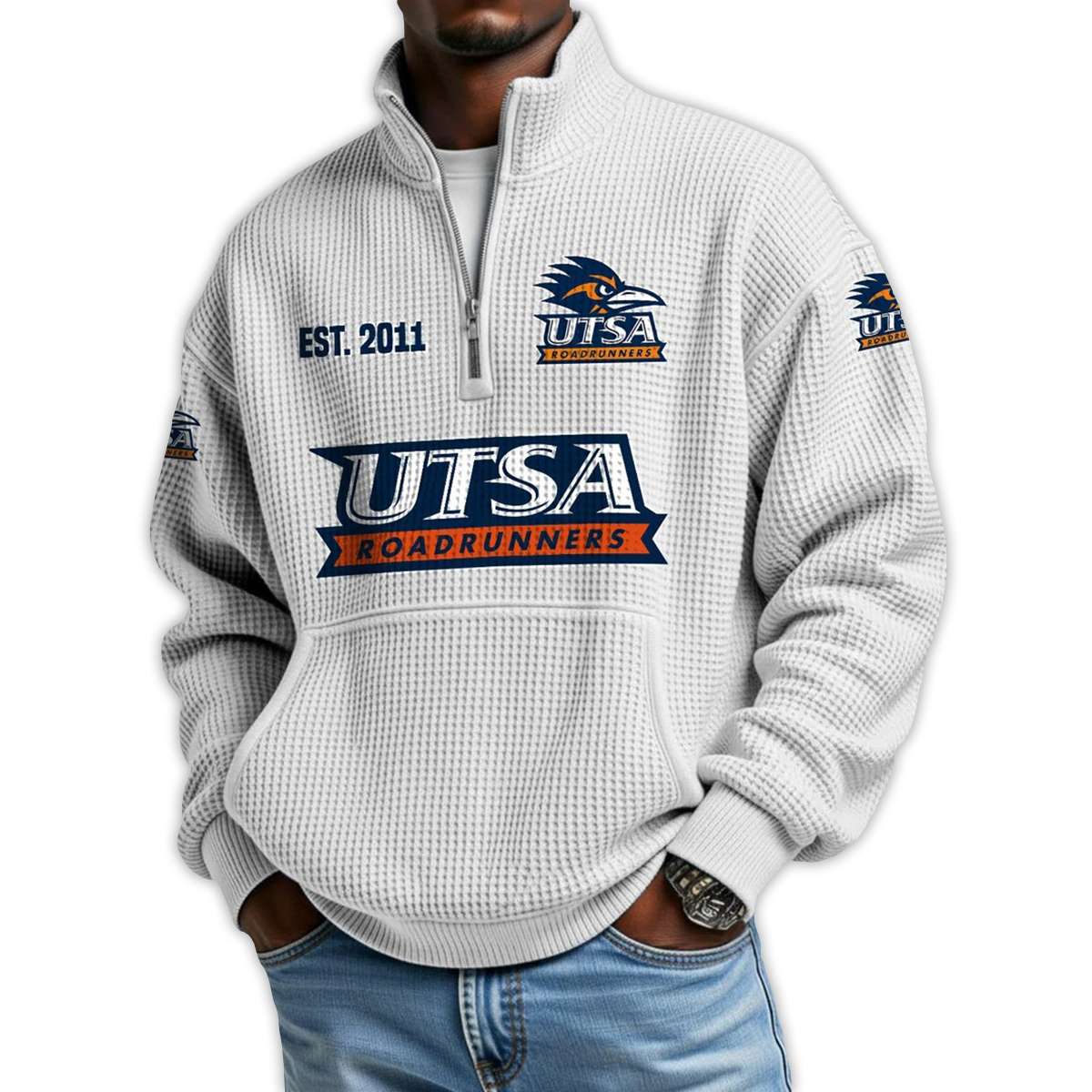 Roadrunners Football Est 2011 Waffle Stand Collar Half Zip Sweatshirt Roadrunners Football Est 2011 Waffle Stand Collar Half Zip Sweatshirt