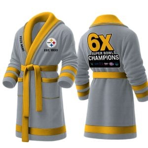 Personalized Steelers Est 1933 6X SB Champions Fleece Bathrobe3