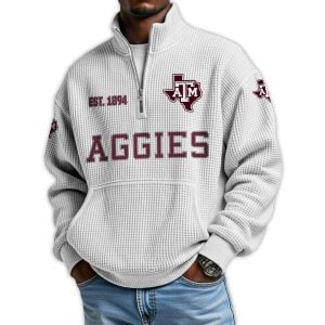 Aggies Football Est 1894 Waffle Stand Collar Half Zip Sweatshirt4