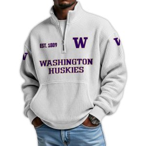 Huskies Football Est 1889 Waffle Stand Collar Half Zip Sweatshirt4