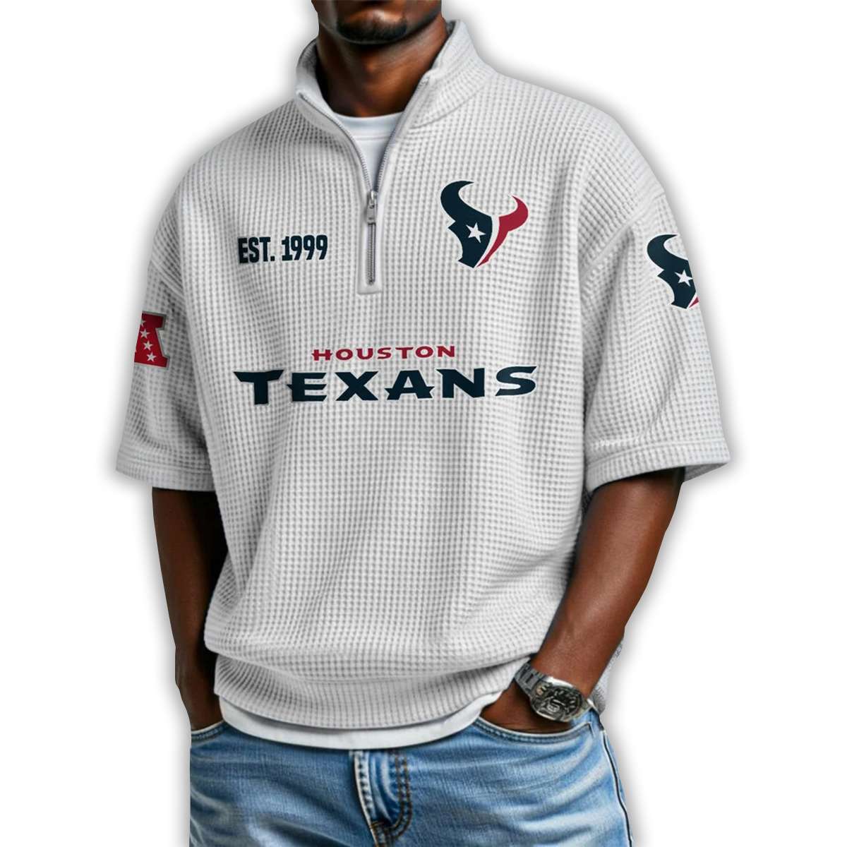 Texans Est 1999 Waffle Stand Collar Half Zip Polo Shirt Texans Est 1999 Waffle Stand Collar Half Zip Polo Shirt