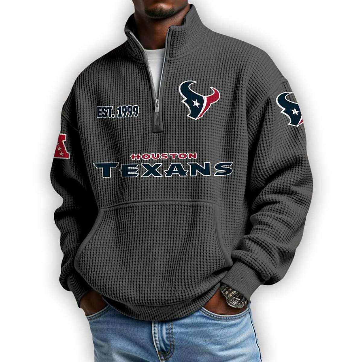 Texans Est 1999 Waffle Stand Collar Half Zip Sweatshirt Texans Est 1999 Waffle Stand Collar Half Zip Sweatshirt