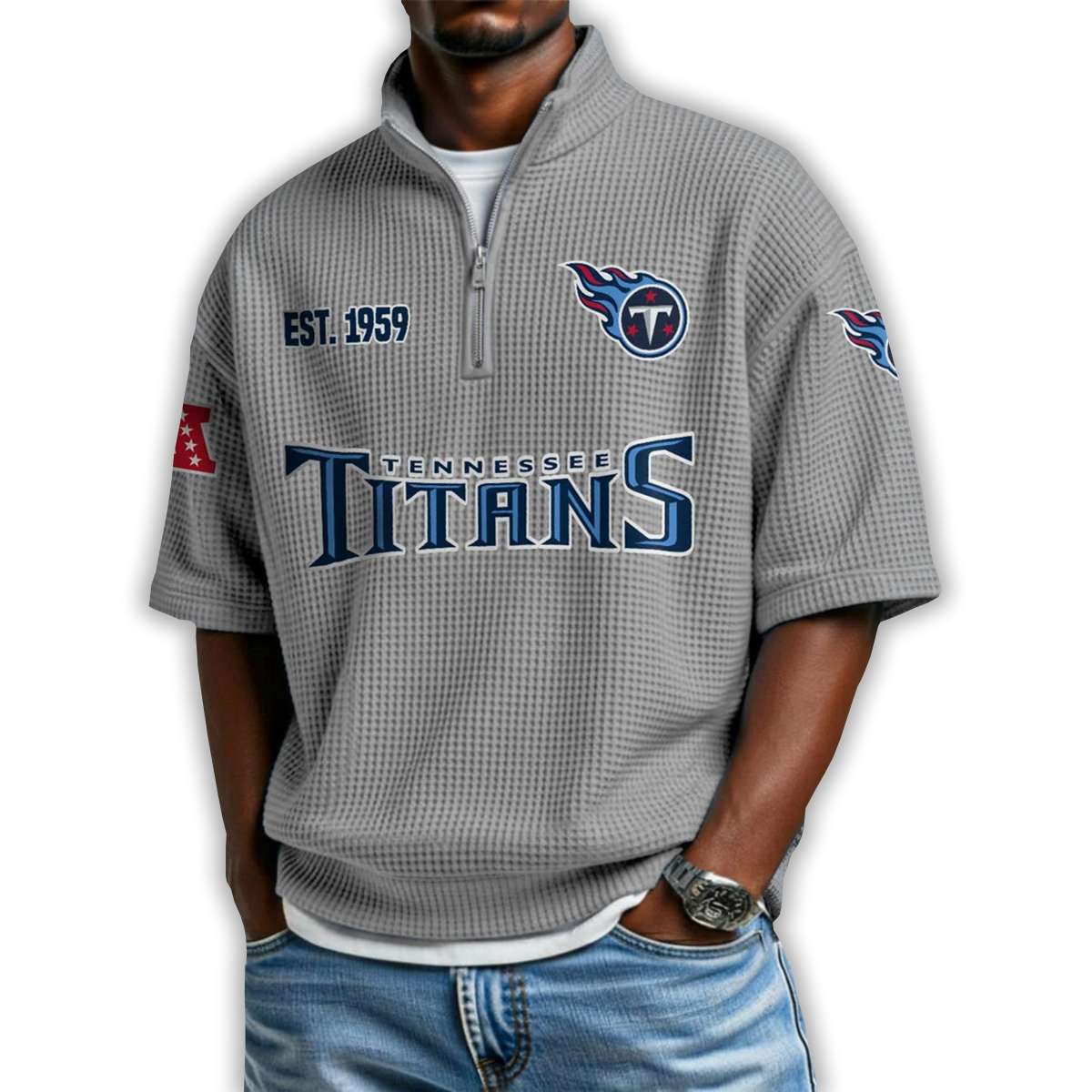 Titans Est 1959 Waffle Stand Collar Half Zip Polo Shirt Titans Est 1959 Waffle Stand Collar Half Zip Polo Shirt