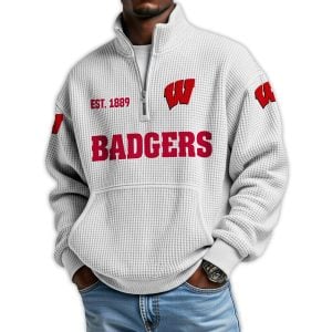 Badgers Football Est 1889 Waffle Stand Collar Half Zip Sweatshirt4