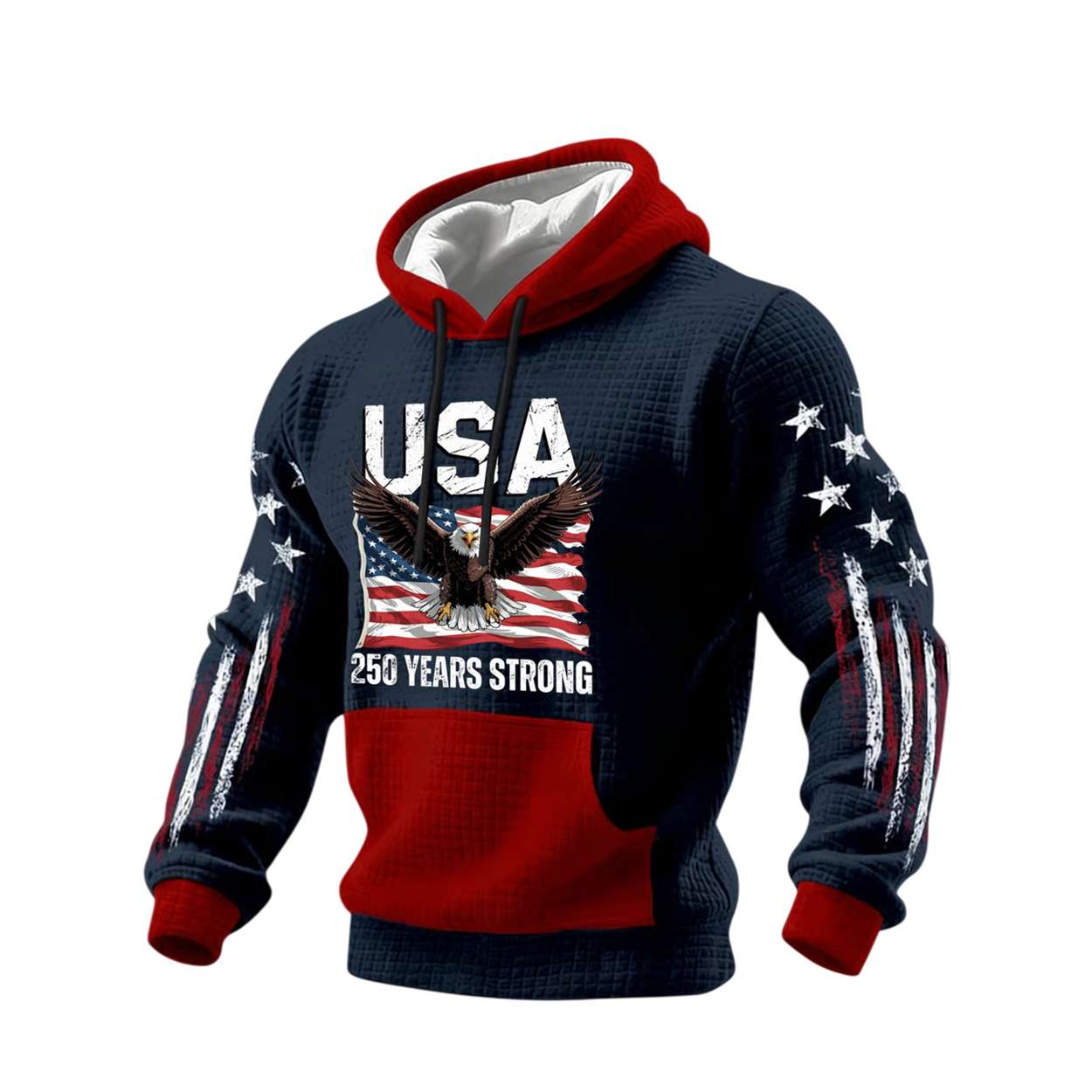 USA 250 Years Strong Print Waffle Hoodie USA 250 Years Strong Print Waffle Hoodie
