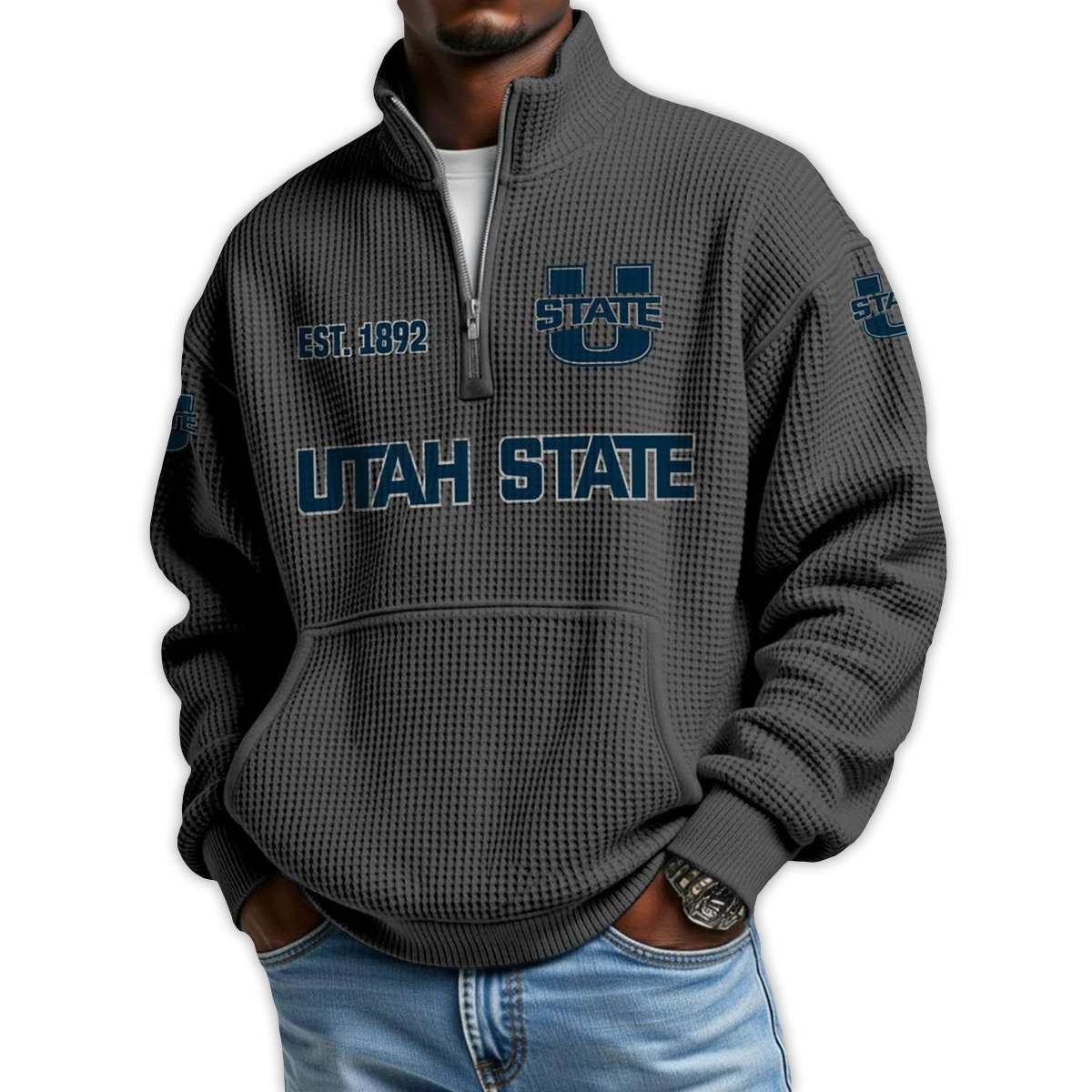 Utah State Football Est 1892 Waffle Stand Collar Half Zip Sweatshirt Utah State Football Est 1892 Waffle Stand Collar Half Zip Sweatshirt
