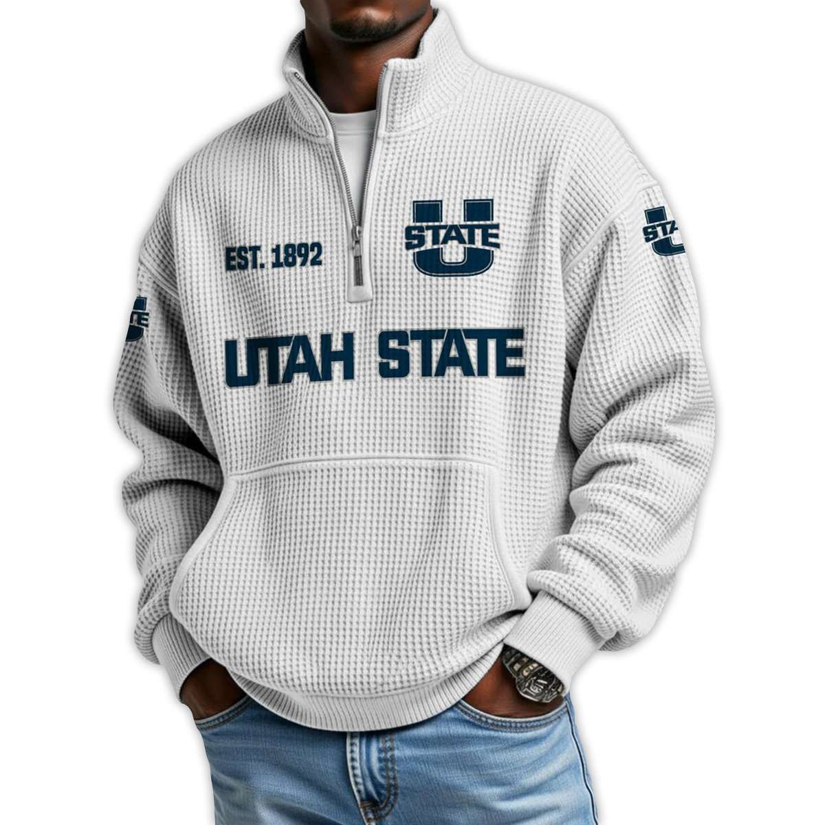 Utah State Football Est 1892 Waffle Stand Collar Half Zip Sweatshirt Utah State Football Est 1892 Waffle Stand Collar Half Zip Sweatshirt