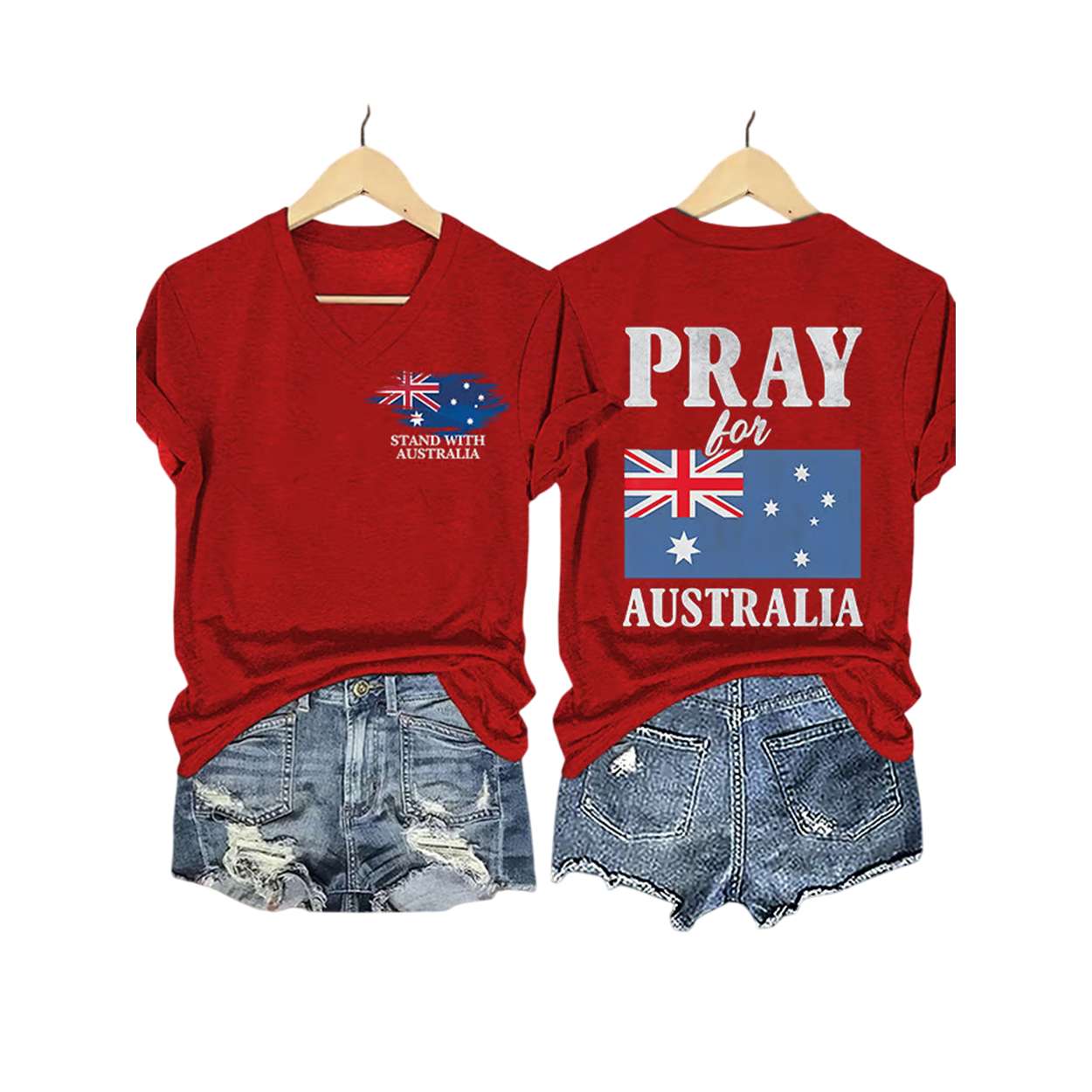 V-Neck Retro Pray For Australia Stand With Australia Print T-Shirt V-Neck Retro Pray For Australia Stand With Australia Print T-Shirt