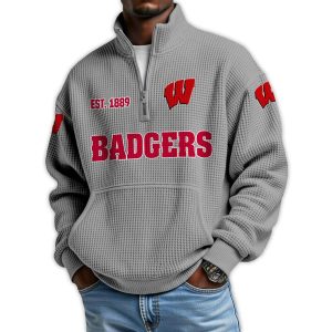 Badgers Football Est 1889 Waffle Stand Collar Half Zip Sweatshirt2