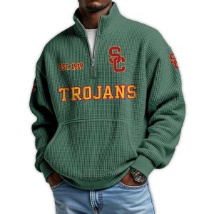 Trojans Football Est 1919 Waffle Stand Collar Half Zip Sweatshirt1