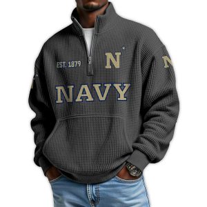 Navy Football Est 1879 Waffle Stand Collar Half Zip Sweatshirt1