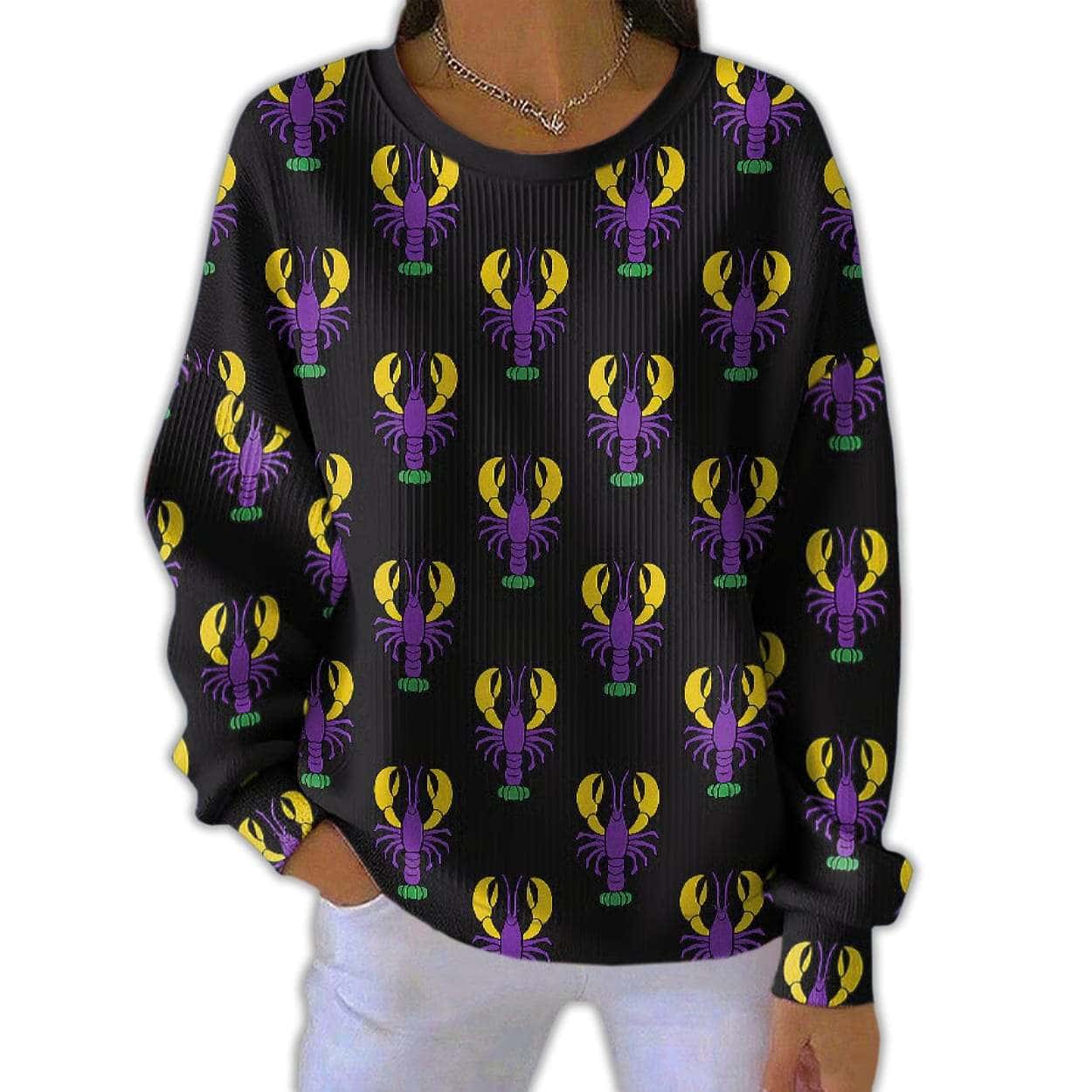 Womens Crawfish Mardi Gras Print Pit Striped Sweatshirt Women's Crawfish Mardi Gras Print Pit Striped Sweatshirt