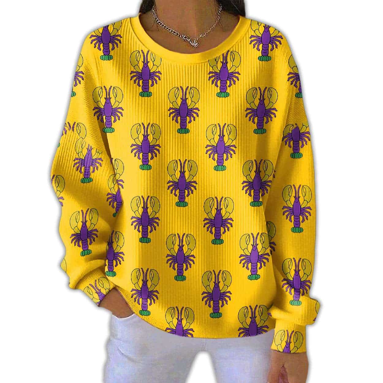 Women’s Crawfish Mardi Gras Print Pit Striped Sweatshirt Women’s Crawfish Mardi Gras Print Pit Striped Sweatshirt
