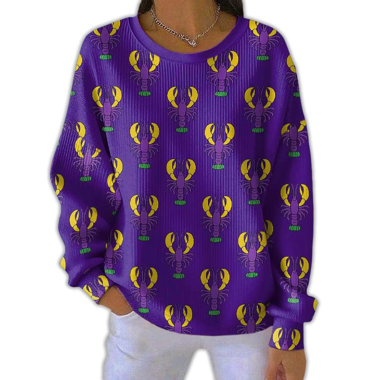 Women’s Crawfish Mardi Gras Print Pit Striped Sweatshirt Women’s Crawfish Mardi Gras Print Pit Striped Sweatshirt