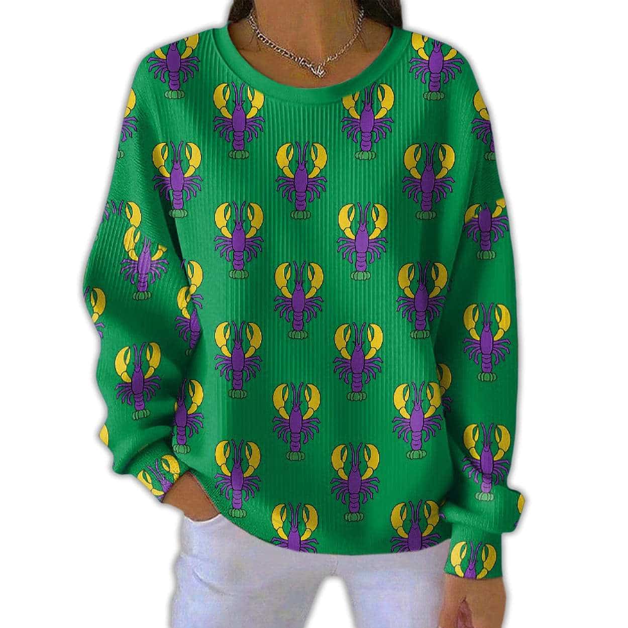 Women’s Crawfish Mardi Gras Print Pit Striped Sweatshirt Women’s Crawfish Mardi Gras Print Pit Striped Sweatshirt