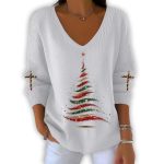 Women's Faith Cross Christmas Print V Neck Long Sleeve Shirt