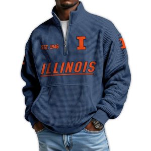 Illinois Football Est 1946 Waffle Stand Collar Half Zip Sweatshirt3