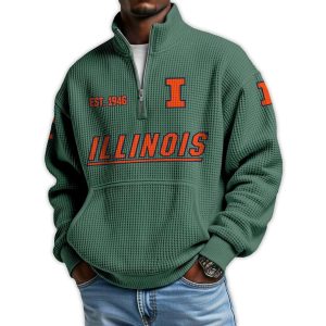 Illinois Football Est 1946 Waffle Stand Collar Half Zip Sweatshirt1