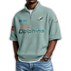 Dolphins Est 1965 Waffle Stand Collar Half Zip Polo Shirt