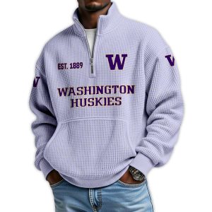 Huskies Football Est 1889 Waffle Stand Collar Half Zip Sweatshirt