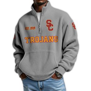 Trojans Football Est 1919 Waffle Stand Collar Half Zip Sweatshirt2