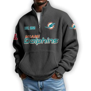 Dolphins Est 1965 Waffle Stand Collar Half Zip Sweatshirt1