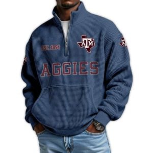 Aggies Football Est 1894 Waffle Stand Collar Half Zip Sweatshirt3
