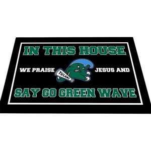 In This House We Praise Jesus and Say Go Green Wave Doormat