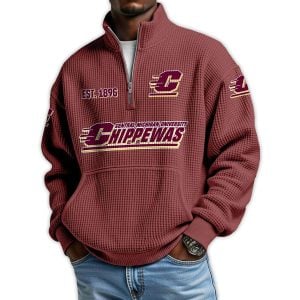 Chippewas Football Est 1896 Waffle Stand Collar Half Zip Sweatshirt