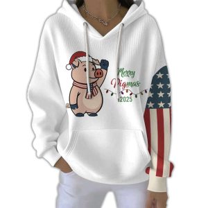Womens Merry Pigmas 2025 Cute Pig Print Pit Striped Hoodie1