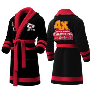 Personalized Chiefs Est 1960 4X SB Champions Fleece Bathrobe