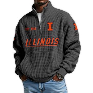 Illinois Football Est 1946 Waffle Stand Collar Half Zip Sweatshirt