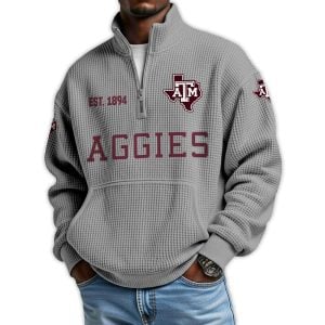 Aggies Football Est 1894 Waffle Stand Collar Half Zip Sweatshirt2