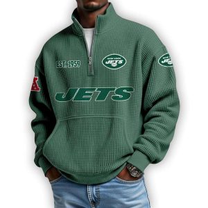 Jets Est 1959 Waffle Stand Collar Half Zip Sweatshirt
