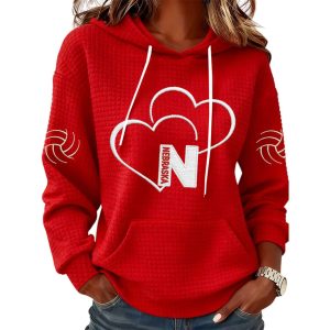 Nebraska Volleyball Hearts Printed Waffle Hoodie
