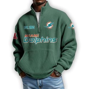 Dolphins Est 1965 Waffle Stand Collar Half Zip Sweatshirt