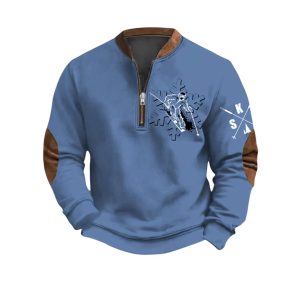 Mens Vintage Apres Ski Design Printed Zip Collar Sweatshirt1