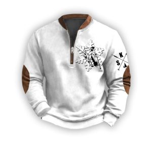 Mens Vintage Apres Ski Design Printed Zip Collar Sweatshirt