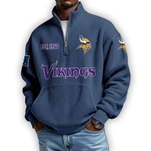 Vikings Est 1960 Waffle Stand Collar Half Zip Sweatshirt3