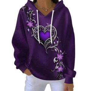 Women’s Vintage Purple Floral Art Print Casual Pit Striped Hoodie